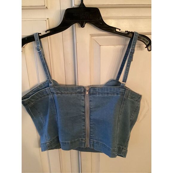 Savanna Jane Emma Denim Cropped Corset Sz M Rhinestone Fringe - Picture 5 of 8